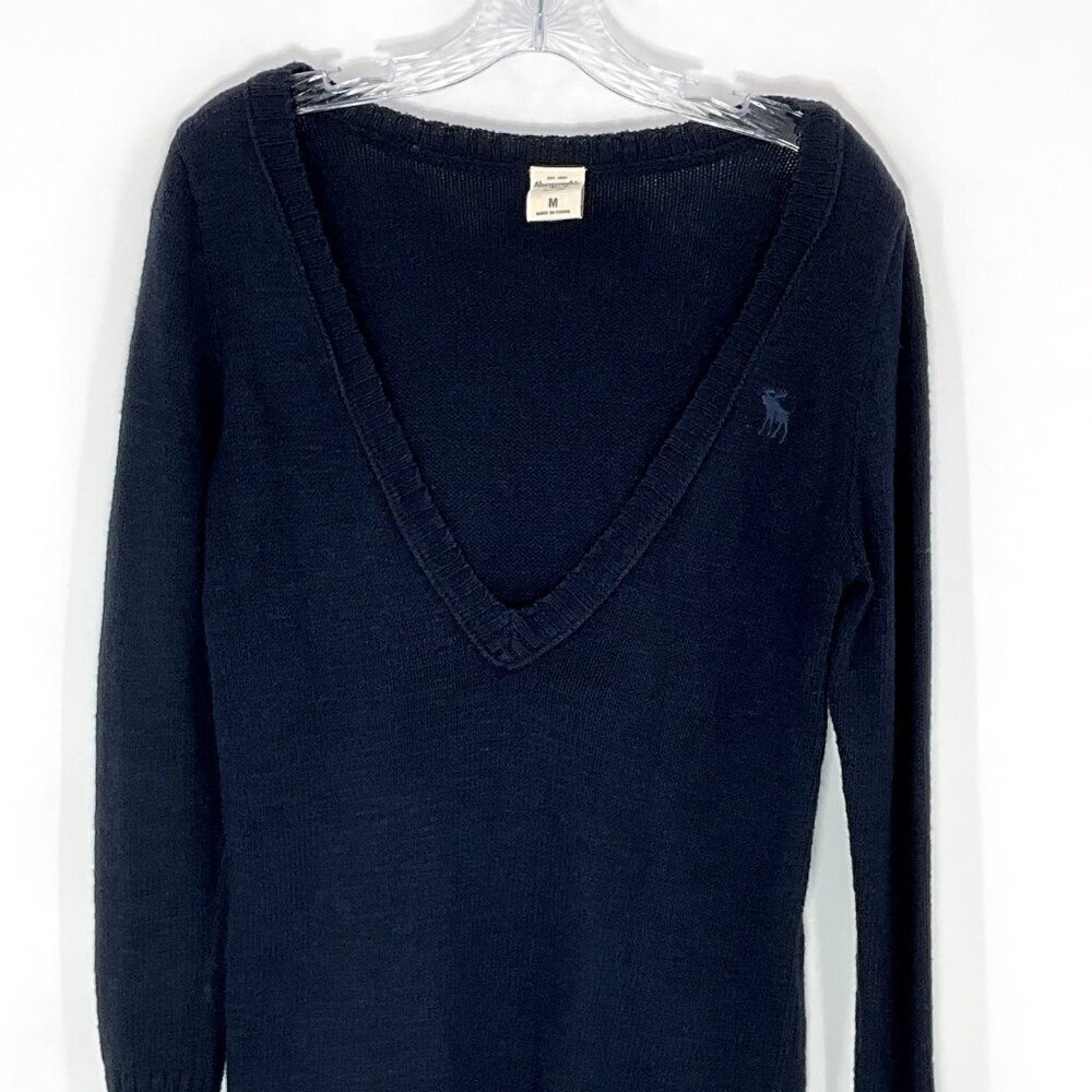 Abercrombie & Fitch Sweater Women Medium Navy V-Neck 100% Cotton Pullover - Picture 3 of 12